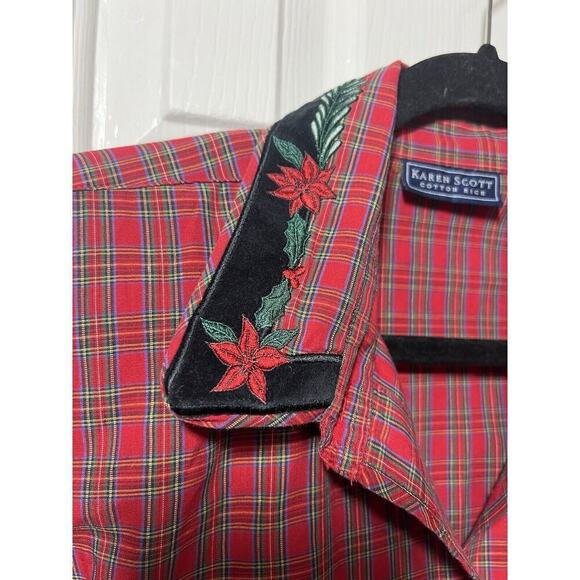 Vtg Karen Scott Red Green Tartan Plaid Velvet Trim Poinsettia Collar Shirt Sz L - Picture 4 of 9